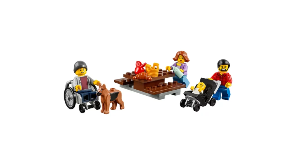 Las minifiguras del set LEGO Fun in the Park aparecen juntas.