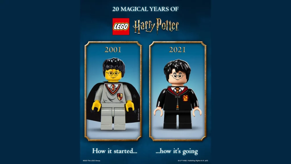 Se muestran dos minifiguras LEGO de Harry Potter de diferentes décadas.