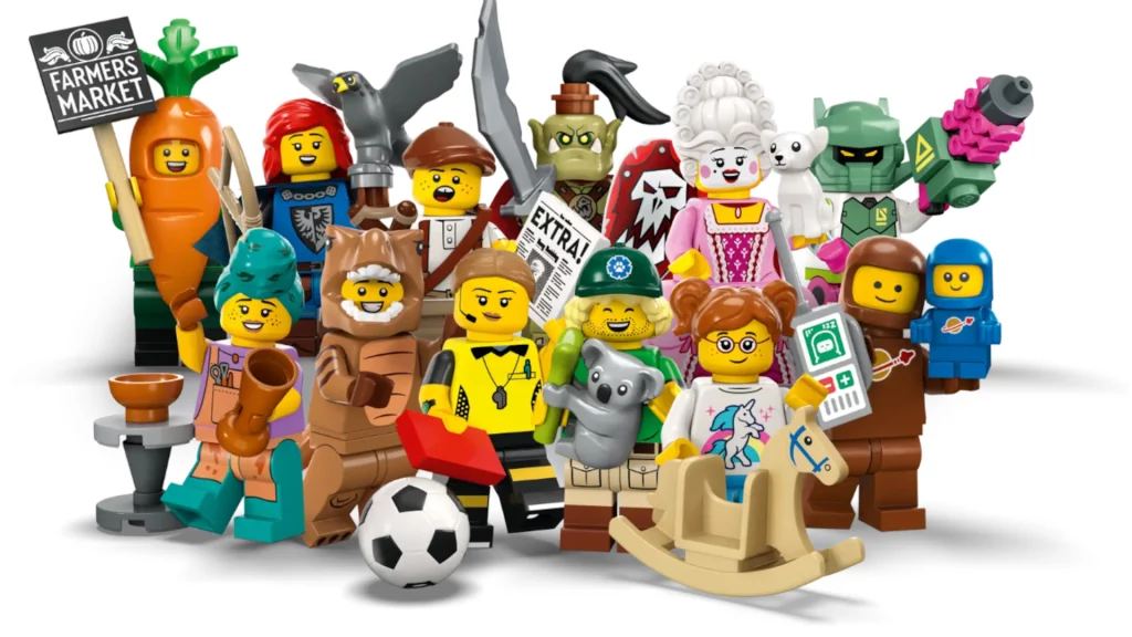 Un grupo de minifiguras LEGO coleccionables se mantiene unido.