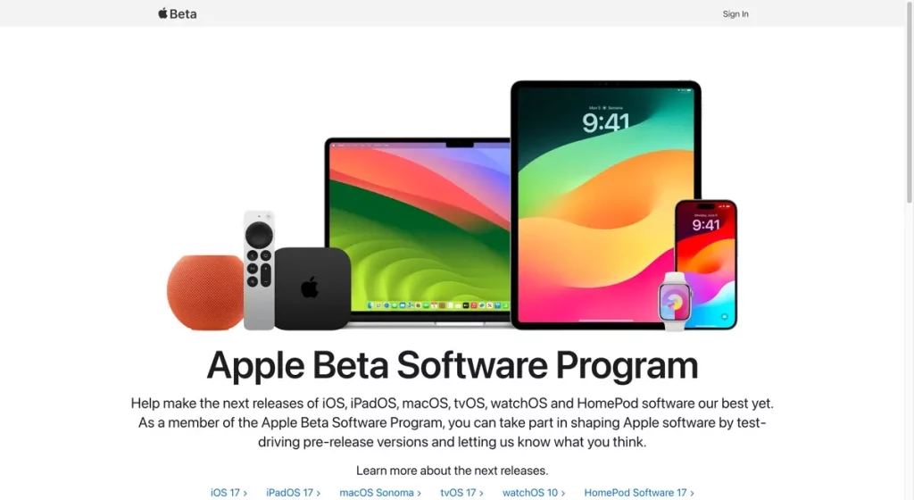 Software beta de Apple que se ejecuta en varios dispositivos Apple