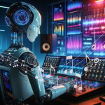 Un robot usando una mezcladora con notas musicales superpuestas. Dejan Popovic / Shutterstock / DALL-E