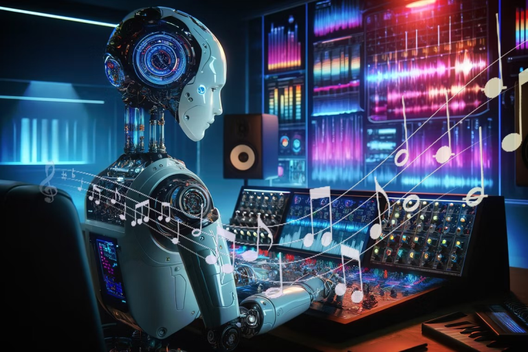 Un robot usando una mezcladora con notas musicales superpuestas. Dejan Popovic / Shutterstock / DALL-E