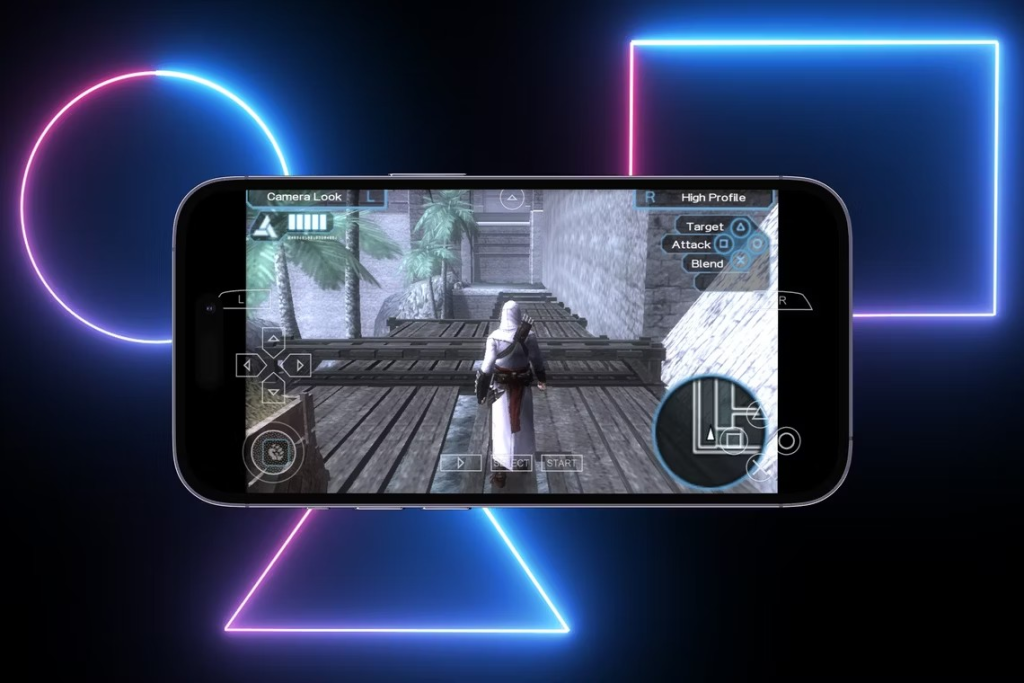 Assassin's Creed Bloodlines emulado usando PPSSPP en un iPhone con iconos de PS en el fondo