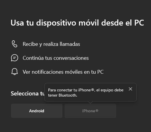 Elegir un dispositivo móvil en la aplicación Enlace móvil en Windows.