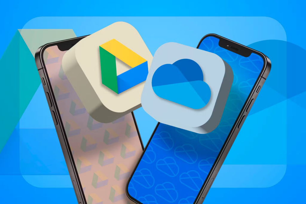 Dos teléfonos, uno con el logotipo de Google Drive y otro con el logotipo de OneDrive. 