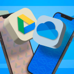 Dos teléfonos, uno con el logotipo de Google Drive y otro con el logotipo de OneDrive.